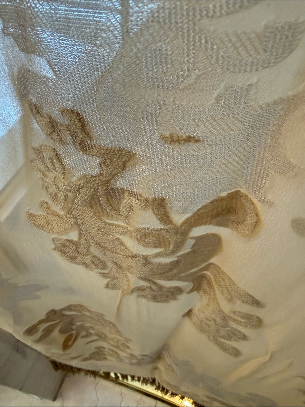 Salvatore Ferragamo Beige and Tan Sheer Logo-Trim Scarf w/ hand tied silk fringe - Picture 4 of 6